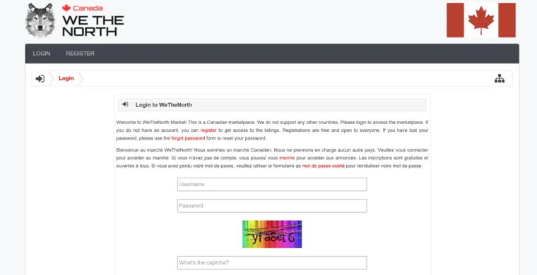 WeTheNorth Market classic AlphaBay-style dark interface with bilingual English and French navigation menus